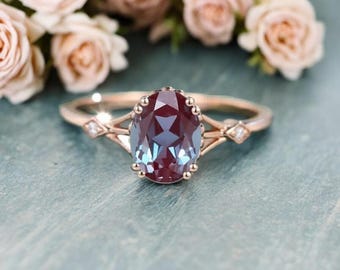 Oval Alexandrit Verlobungsring Vintage Rose Gold Verlobungsring Diamant Ring Einzigartige Braut Hochzeit Jahrestag Versprechen Ring Geschenk für Sie