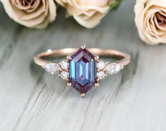 Hexagon Alexandrite Engagement Ring Rose Gold Color Change Stone Unique Promise Ring