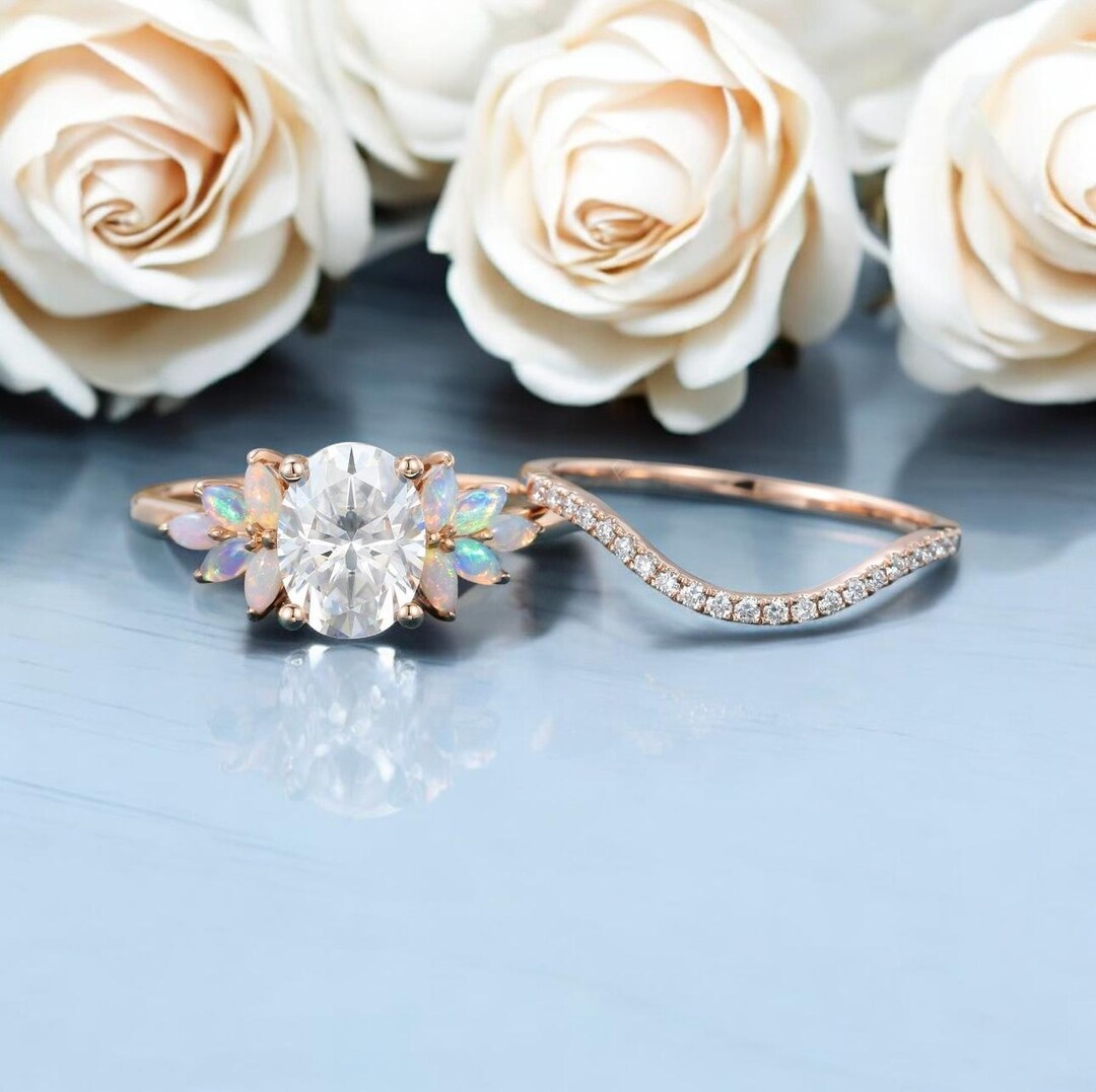 Oval Moissanite Engagement Ring Set Woman Unique Rose Gold Engagement ...
