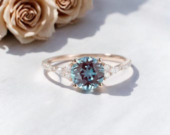 Unique Alexandrite Engagement Ring Vintage Round Cut Alexandrite Ring for Women Rose Gold June Birthstone Ring Marquise Shaped Ring for Her.