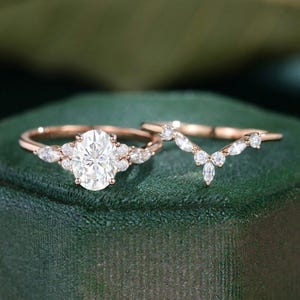 Vintage Style Oval Moissanite Engagement Ring Set: Rose Gold Art Deco Bridal Ring
