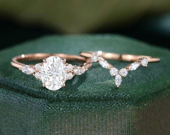 Vintage Style Oval Moissanite Engagement Ring Set: Rose Gold Art Deco Bridal Ring