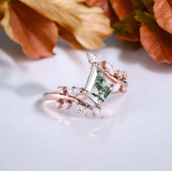 カイトモスアゲートリング：18Kローズゴールド ボヘミアンエンゲージ