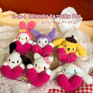 Valentines Crochet Pattern, Kitty Cat Crochet Amigurumi Market, Kitty and Friends Kawaii, Red Heart Love, Bunny Crochet, Puppy Dog Crochet