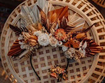 Boho halo crown Dried leaves stains hairband Wedding Burnt orange headwear Dried Flower crown Customized headwear for Bride Desert wedding