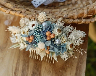 Baby Blue pearls bridal hair comb Wedding Cottagecore Blue Hydrangea hair comb Bride Dried and Preserved flowers Rustic wedding accessories