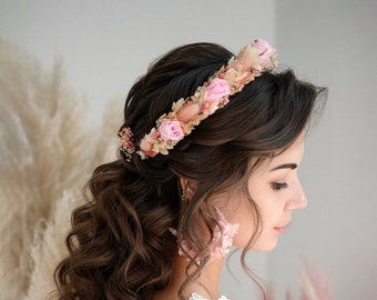 Blush Flower Crown Roze Gedroogde Bloemen Halo Eeuwige rozen Bloemenmeisje Kroon Boho Brida Bloemenkroon gipskruid bruidskroon ivoor en roze