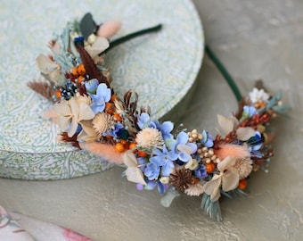 Boho Blue flower headband peach wedding headband Hairband for bride Dusty Blue flower hairband Dried flower hairband Romantic Bridal crown