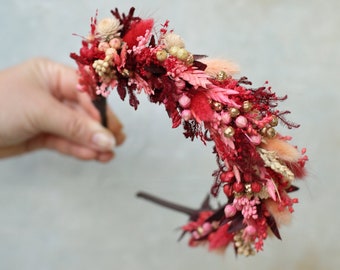 Boho Fuchsia flower headband peach wedding headband Hairband for bride Dark pink flower hairband Dried flower hairband Burgundy Bridal crown