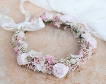 Dried flower crown Dried baby's breath bridal crown blush pink and ivory preserved flower crown Bridal boho wedding crown Boho flower crown