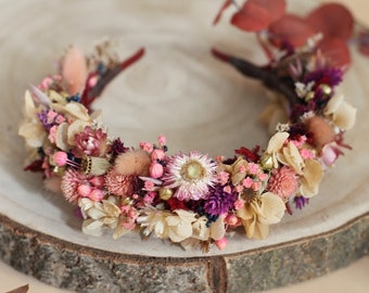 Boho Beige and Violet flower headband Cream wedding Hairband for bride Blush flower hairband Dried flower hairband Romantic Bridal crown