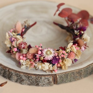 Boho Beige and Violet flower headband Cream wedding Hairband for bride Blush flower hairband Dried flower hairband Romantic Bridal crown