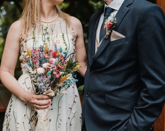Bouquet de mariée de prairie, ensemble de fleurs sauvages colorées, bandeau de mariage, fleurs séchées Spring Boho, menthe et jaune, lavande Lagurus