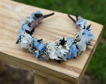 Corona di fiori secchi blu delicato Matrimonio romantico Fascia per capelli di fiori secchi Corona di fiori respiro del bambino Corona di fiori blu pallido Sposa blu polveroso