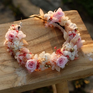 Preserved flower crown with ruscus and roses, Wedding rustic crown, Pink flower wreath, Wreath of dried and stabilized flowers, Boho bride