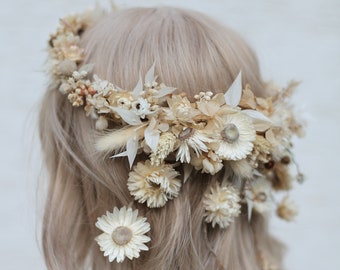 Wedding hair garland, Bridal hair vine with flower veil, Natural Flower crown Ivory, Rustic Wedding headpiecie, Boho wedding flower comb