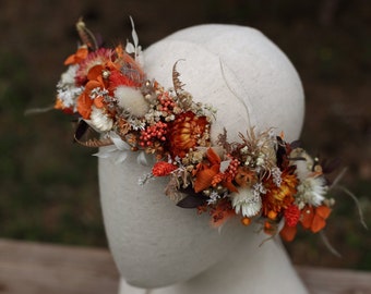 Burnt Orange Dried Flower Crown, Rustic Boho Hair Wreath, Bride Hair Accessory, Dried Flower Crown, Rustic flower crown Barn headpiece