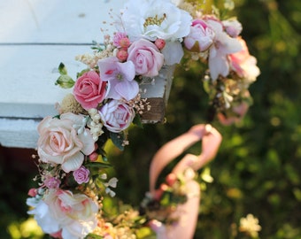 Couronne de mariage de fleurs rose poudré, couronne de fleurs, casque de mariage, bandeau, séance photo maternité, couronne de fleurs sauvages, couronne de fleurs rustique