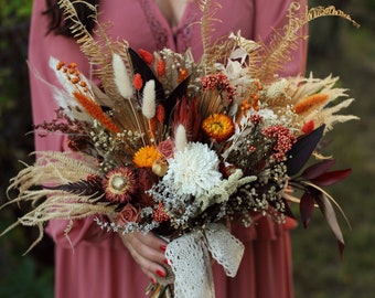 Bouquet da sposa Boho Bouquet da sposa arancione bruciato autunnale Bouquet da sposa in terracotta autunnale Matrimonio arancione Boho Bridali Fiore dell'alito del bambino essiccato