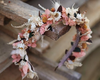 Boho flower headband, Pink peach bridal crown, Bride Natural dusty orange flower hair pin, Salmon Rustic flower, Wedding blush accessories