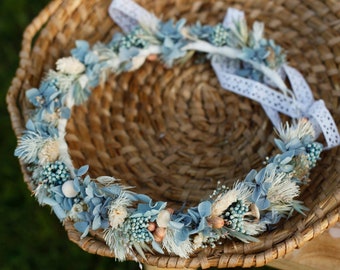 Dusty blue hydrangea wedding flower crown Dusty blue boho flower crown Romantic Dried flower crown Blue & White baby's breath flower crown