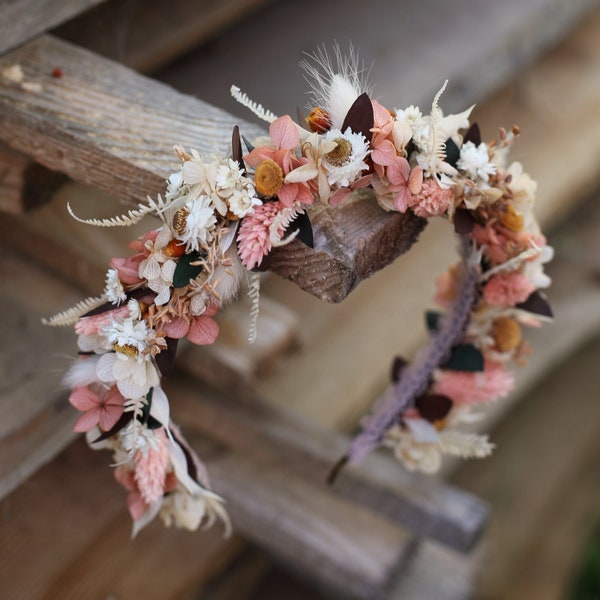 Boho flower headband, Pink peach bridal crown, Bride Natural dusty orange flower hair pin, Salmon Rustic flower, Wedding blush accessories