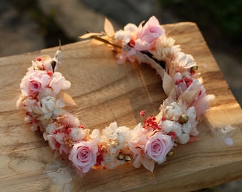 Preserved flower crown with ruscus and roses, Wedding rustic crown, Pink flower wreath, Wreath of dried and stabilized flowers, Boho bride