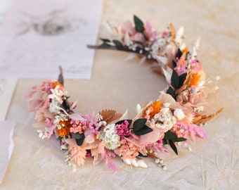 Couronne de fleurs romane orange brûlé et rose poudré Mariage couronne rustique Bandeau de fleurs roses Couronne de fleurs éternelles séchées mariée bohème