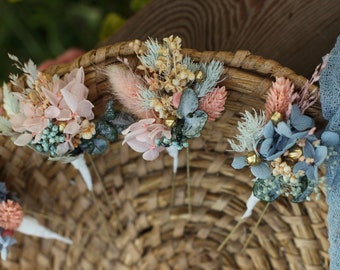 Blush flower hairpins Pink blue flowers Hair accessory Hairpins Flower hairpins Bridal hair Set of hair pins Hydrangea Flower hair piece