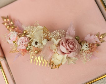 Bridal hair comb with rose dusty pink ivory and gold Boho Wedding Headpiece Bridesmaid Hair Flowers Roses Romantic hair pins Boho haircomb