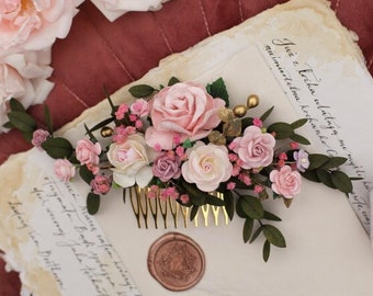 Romantic pink rose wedding flower comb, Dusty pink and gold hair pins, Personalized flower comb, Bridal Hair Flowers with Roses and greenery