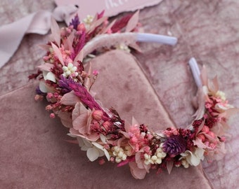 Boho Dusty Pink flower headband Fuchsia wedding Hairband for bride Dark pink flower hairband Dried flower hairband Ivory Bridal crown