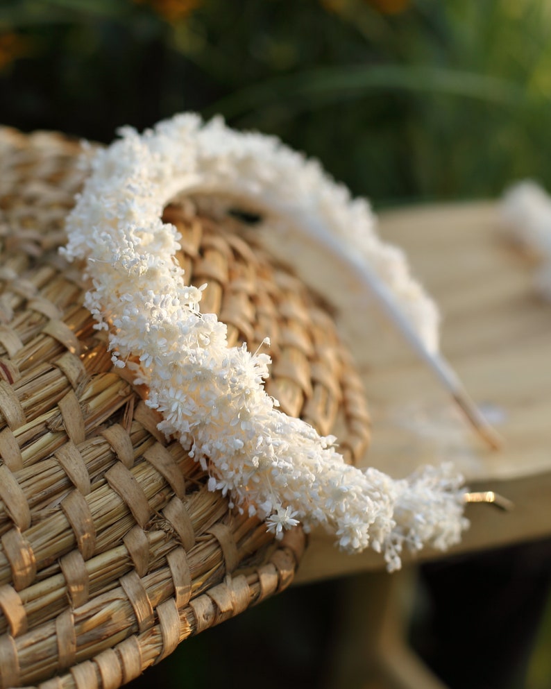 Natural dried flower headband, Ivory Bridal headpiece, White gypsophila wedding headpiece, Barn Rustic wedding Preserved flower hairband image 10