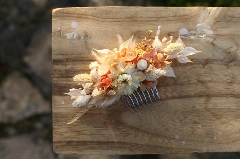 Terracotta bridal hair comb, Bridal hair accesories, Rustic dried flower comb, Boho wedding Flower comb, Ivory wedding, Terraccota wedding image 3