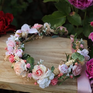 Rustic pink flower crown Romantic breath flower crown Blush wedding headpiece Eucalyptus flower hair wreath Cottagecore Wedding