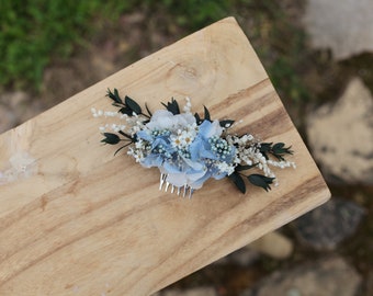 Peigne à cheveux délicats fleurs bleues et blanches Wedding Cottagecore Peigne à cheveux de mariée romantique Épingles à cheveux fleurs séchées bleues délicates Coiffure de mariée