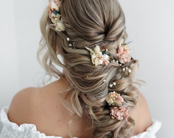 Opaska na głowę i spinki do włosów w stylu boho bride, wianek z suszonych kwiatów brzoskwiniowych