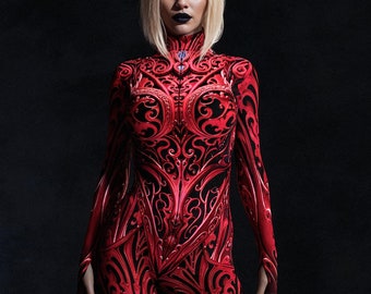 Vampyra Costume: Red & Black Bodysuit - Halloween Festival Clothing
