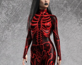 Disfraz de esqueleto rojo, body de Halloween de esqueleto, disfraz de adulto de Halloween, disfraces para Halloween, disfraz de esqueleto para mujer, traje de Halloween