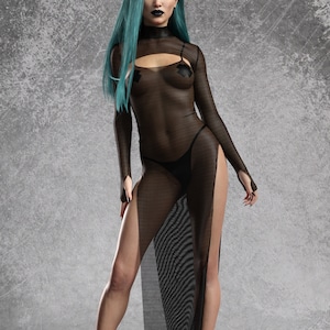 Women Black Rave Shrug Long Dress, Transparent Festival Long Dress For Women, Festival Dress, Rave Outfit, Mesh Festival Outfit For Women