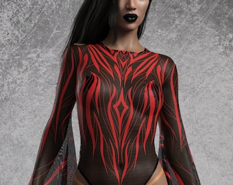 Goth Bodysuit Women, Rave Costume Woman, Mesh Goth Bodysuit Woman, Festival Bell Sleeves Bodysuit, Mesh Disco Leotard, Red Clothing Women