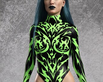 Gothic Bodysuit: Green Damnation Print, Mock Neck, Thumb Hole Sleeves