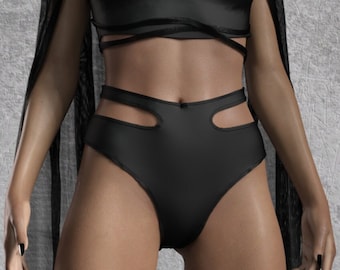 Black Cutout High-Waisted Rave Shorts: Festival Party Outfit