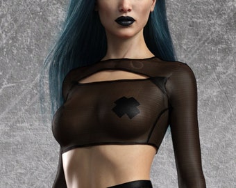 Top con aberturas para festivales, top de malla para rave, top transparente y sexy, top de malla para festivales, atuendo transparente, top para fiesta disco, atuendo para Burning Man para mujer