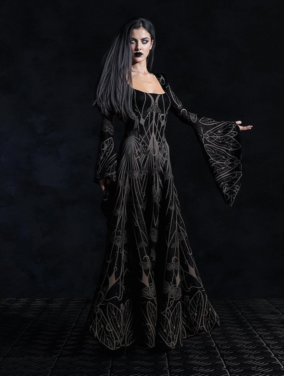 Hooded Gothic Dress: Long Sleeve Witchy A-Line Lycra Gown