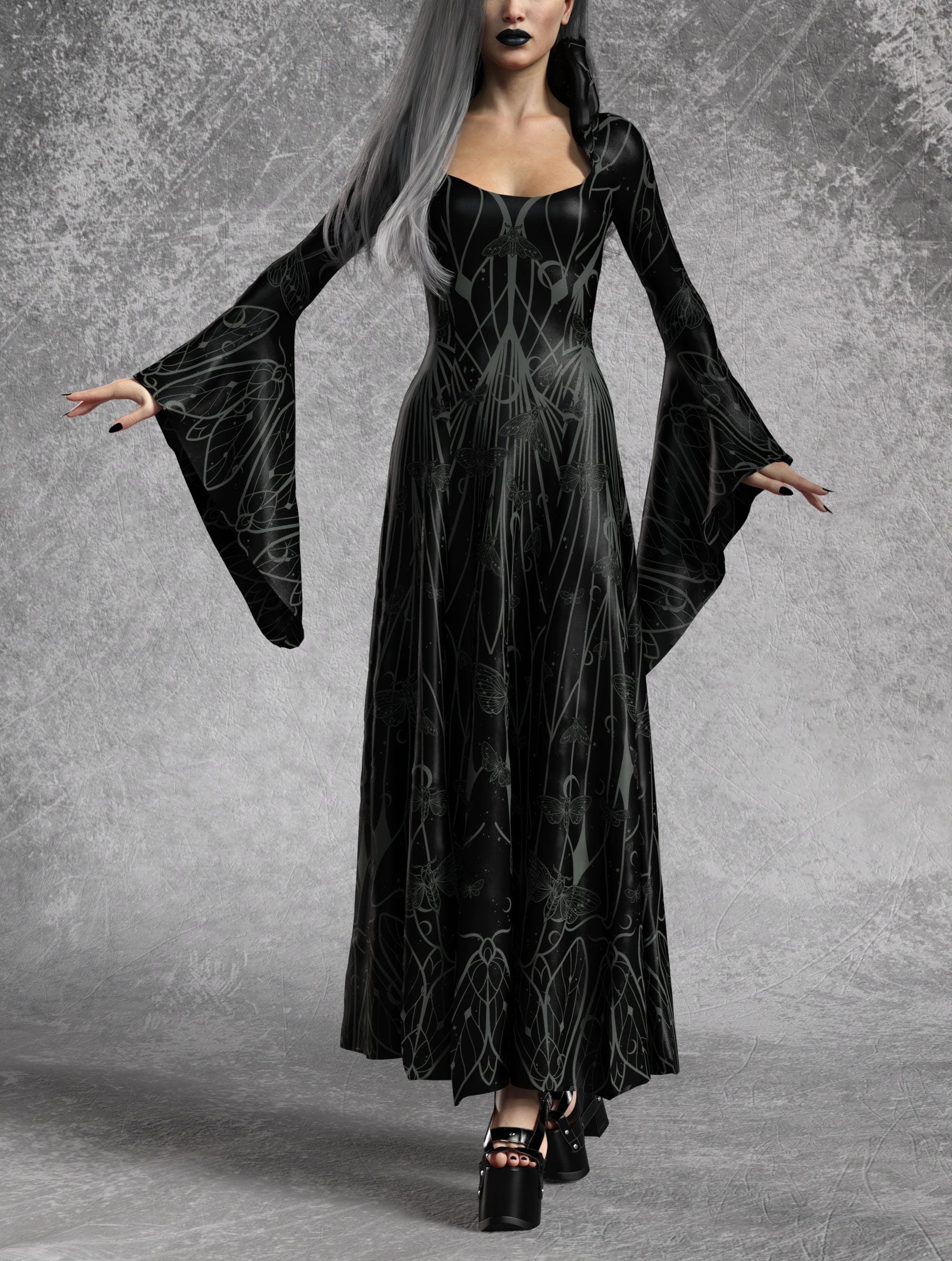 long sleeve witchy dress Gothic Skulls & Flowers | Long Sleeve Midi Length Dress
