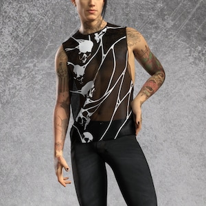 Mesh Goth Top For Man, Rave Top Men, Festival Mesh Male Muscle Top, Gothic Transparent Party Top, Rave Disco Top, Sexy Rave Sleeveless Top