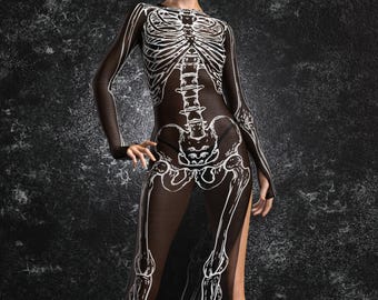 Mesh Halloween Dress For Women, Skeleton Halloween Dress For Women, Sheer Side Cut Halloween Dress For Women, Halloween Dress, Woman Dress