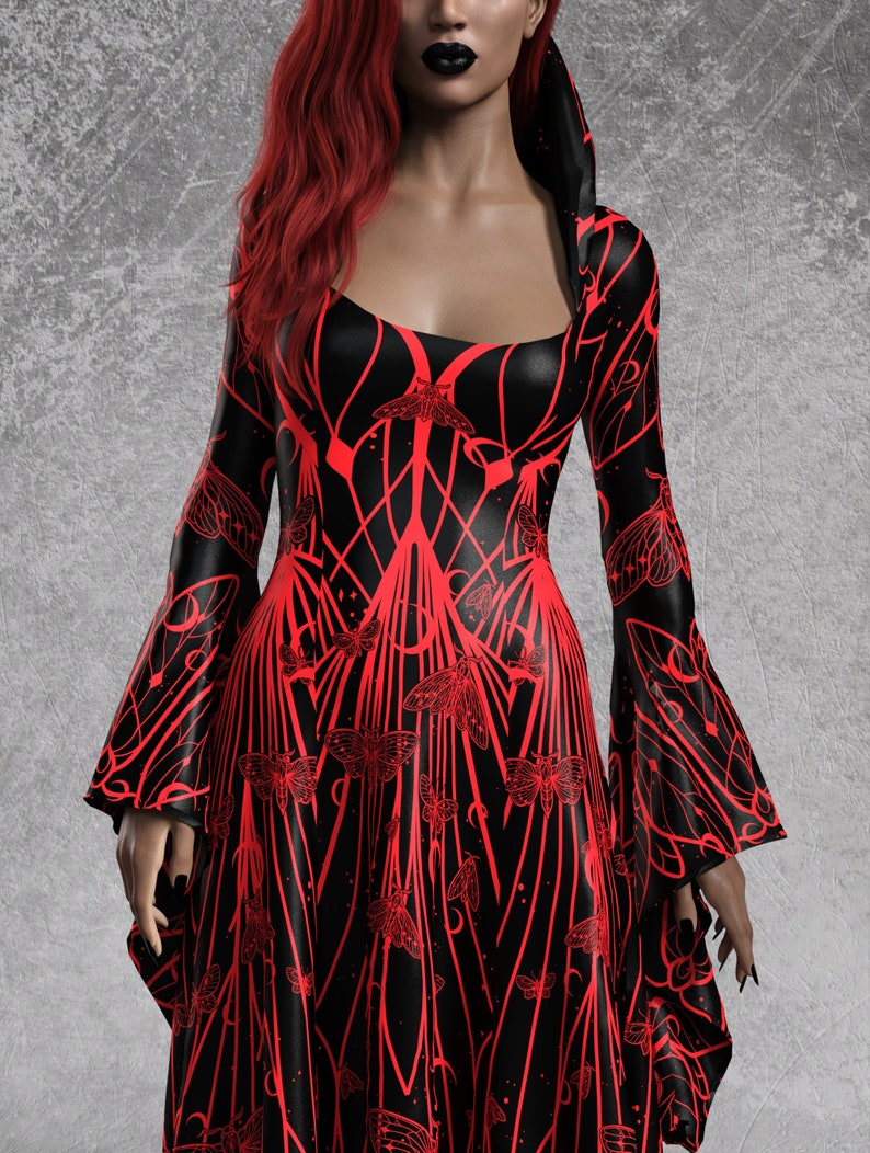 Black Goth Dress, Rave Black Outfit Woman, Gothic Witch Dress, Festival Dress Women, Gothic Dress Women, Witchy Red Dress, Hooded Goth Dress image 6