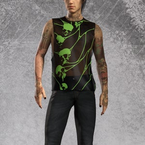 Gothic Festival Party Top, Rave Party Top, Rave Top For Men, Festival Mesh Male Muscle Top, Disco Rave Sleeveless Top, Mesh Goth Top For Man